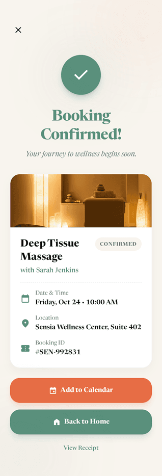 Pantalla de reserva confirmada en Sensia