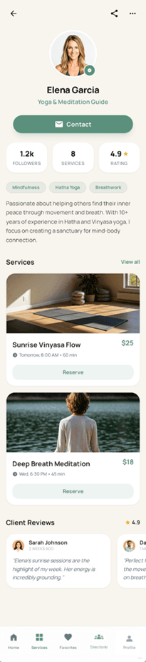 Pantalla de perfil profesional en Sensia